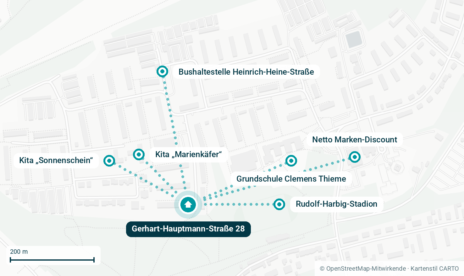 Karte der Umgebung mit Kitas, Grundschule, Stadion, Bushaltestelle und Supermarkt rund um die Gerhart-Hauptmann-Straße 28