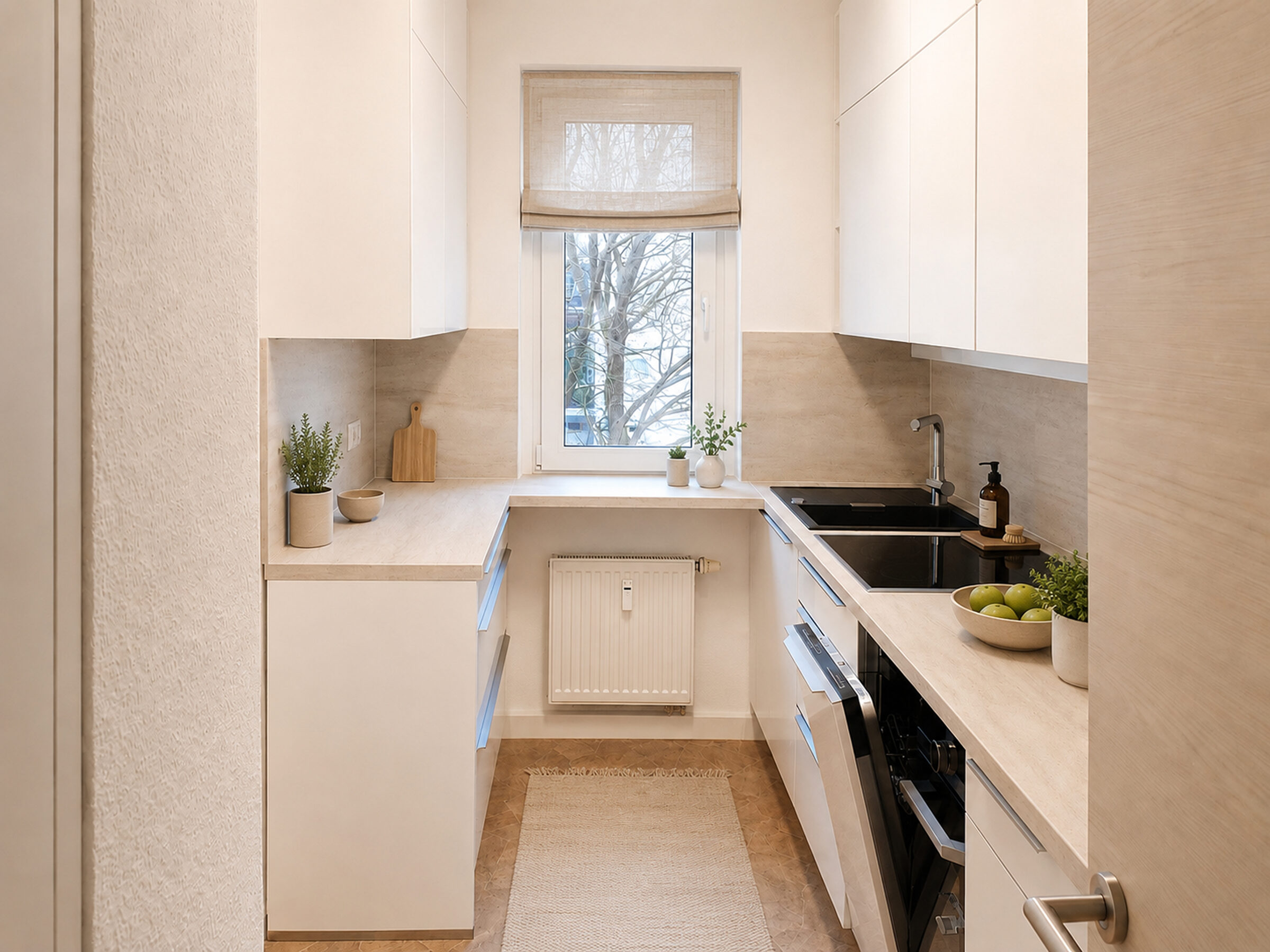 Küche mit Fenster und Anschlüssen für Herd und Spüle