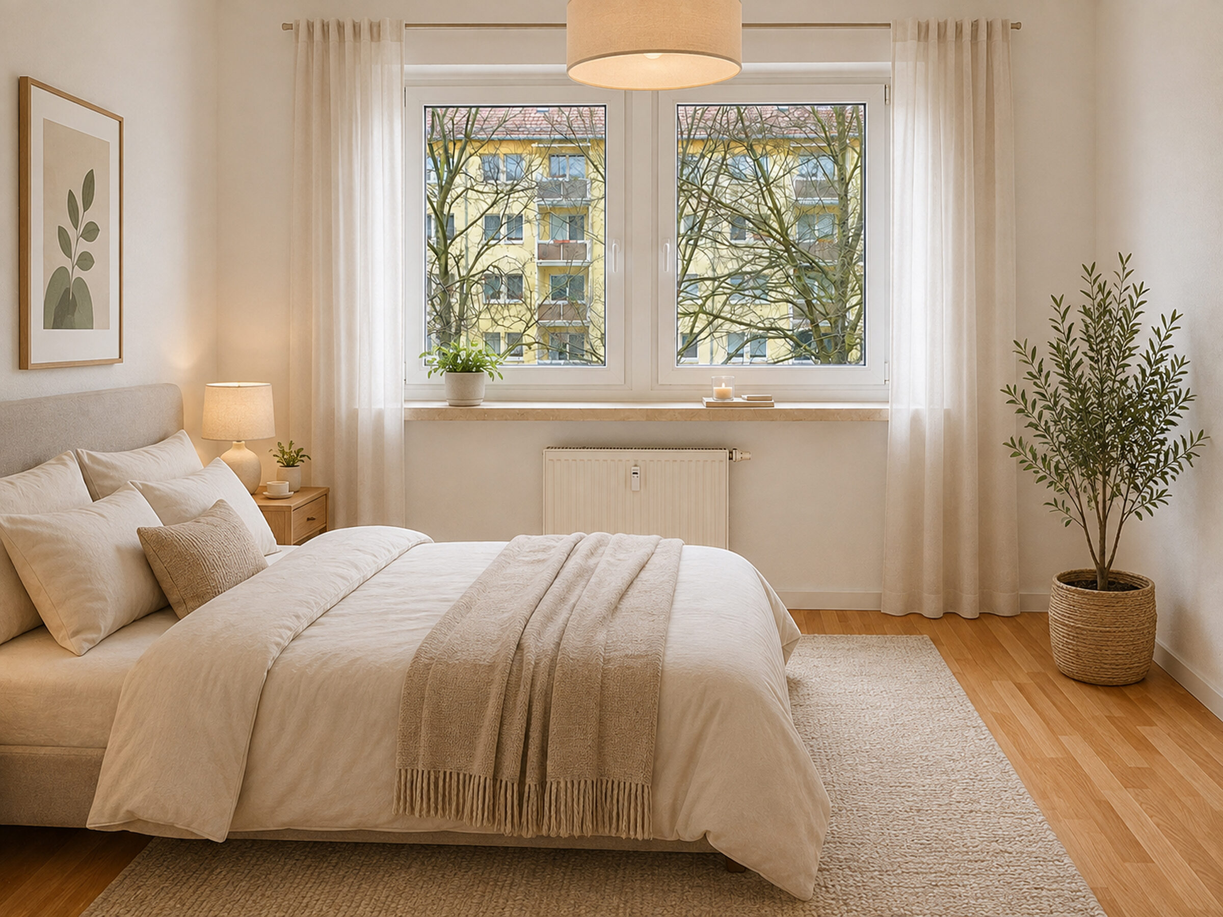 Leeres Schlafzimmer mit Fenster und hellem Boden
