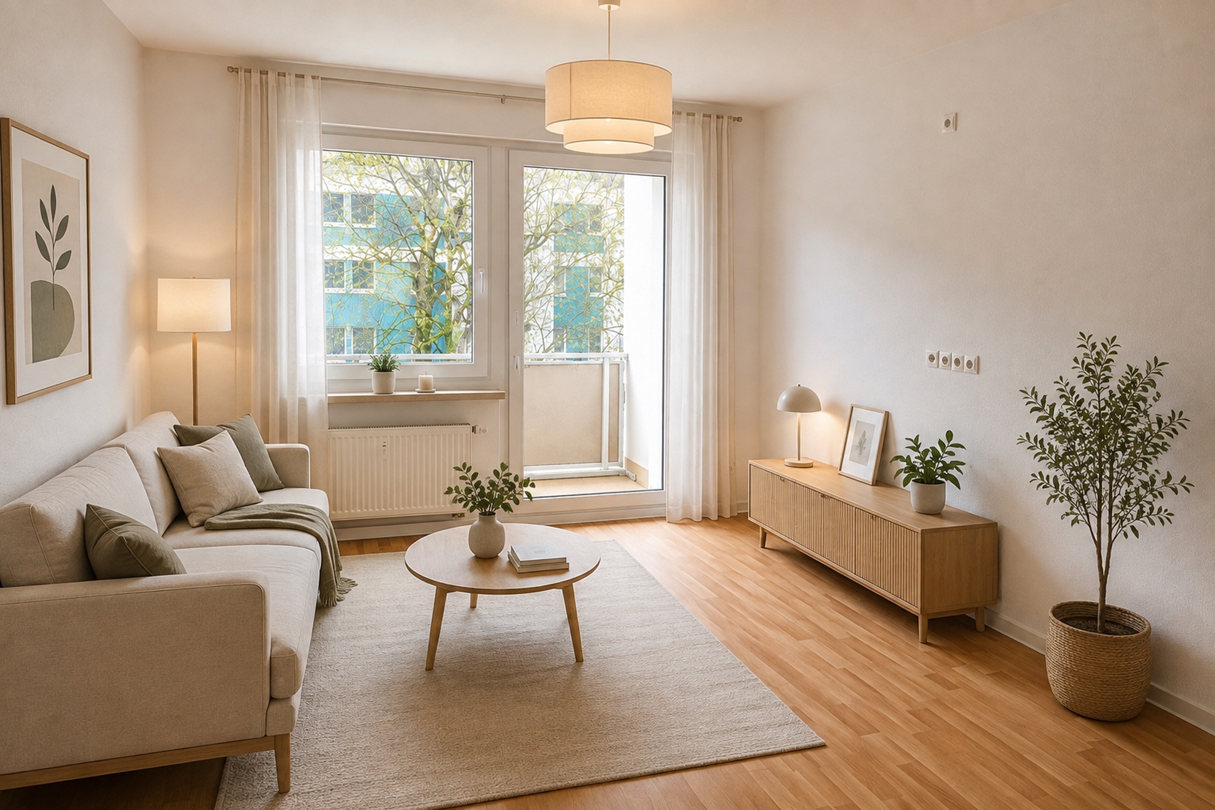Wohnzimmer mit Balkontür, Sofa, Sessel und Fernseher – Einrichtungsvorschlag